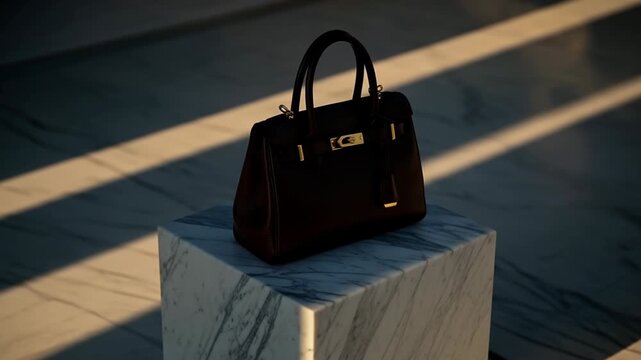 Luxury dark brown leather handbag with gold hardware resting on a marble pedestal with dramatic lighting, 4k video