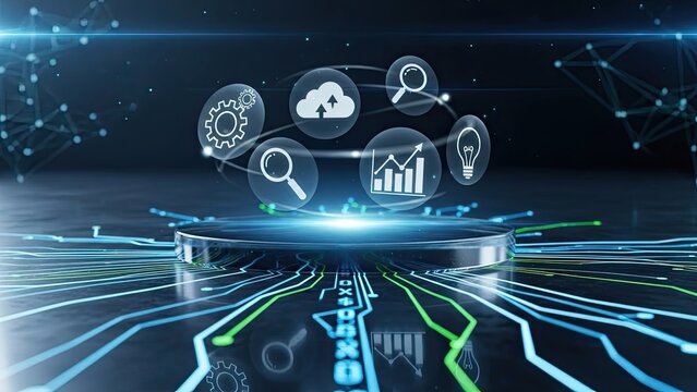 Stunning digital interface showcasing cloud computing data analysis and innovative business strategy development - Powered by Adobe