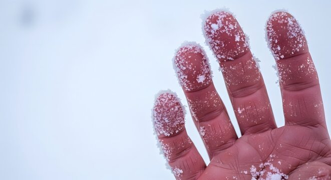 Close up of a human hand and fingers covered in white snow, illustrating the extreme cold and frostbite concept in winter