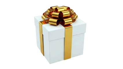 Gift Box with Gold Bow and Ribbon on White Background