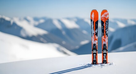 Bright orange skis stuck upright in fresh powder snow on a pristine sunny mountain for winter sports adventure concept and tranquil alpine escape