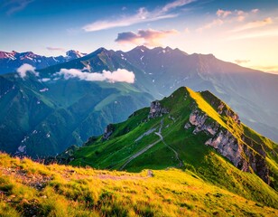 Scenic mountain ridge at sunrise with verdant slopes under a cloud-streaked sky