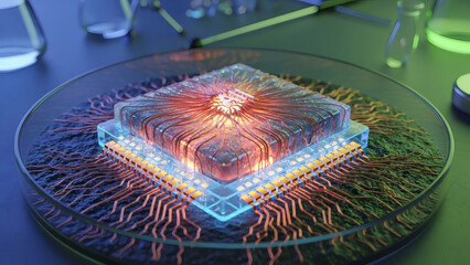 Biological Tissue-Based Organic AI Chip showcases a futuristic AI chip that appears to be made of transparent biological material with layers of neuron-like tissue radiating from its center.