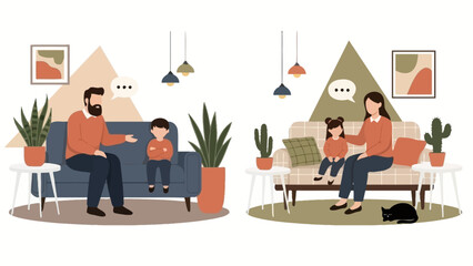 Family Communication and Parenting Scenes Illustration Set: Father Discussing with Upset Son and Mother Comforting Daughter on Sofa