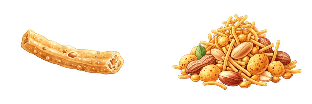 Illustration of a single hollow snack and a pile of mixed nuts and fried noodles on a plain setting on transparent background