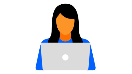 Woman Working on Laptop Vector Illustration. Female User Avatar Icon, Businesswoman or Professional Using a Computer in Flat Design Style.