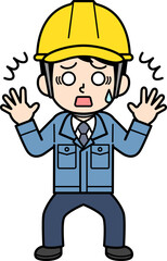 ショックを受けるヘルメットをかぶった現場監督の男性