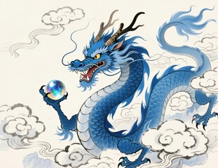 Powerful Blue Dragon Holding Crystal Ball with Clouds