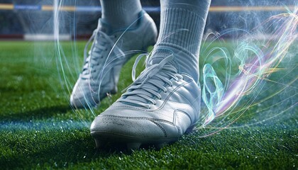 Close-up of soccer cleats on a green grass field with dynamic light trails, symbolizing speed and energy in sports.