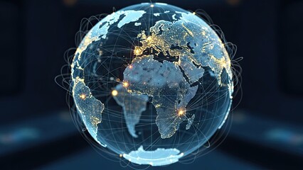 Stunning digital globe visualization shows vibrant global network connections and worldwide data flow across continents at night