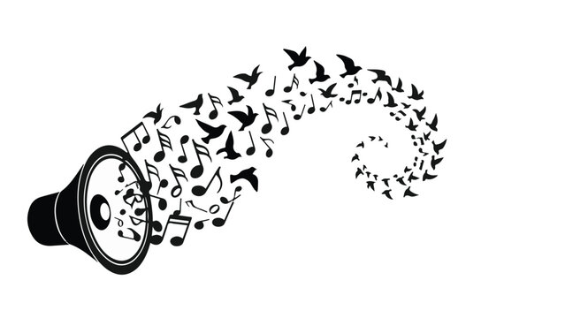 Speaker releasing a flock of birds and musical notes, symbolizing sound and freedom.