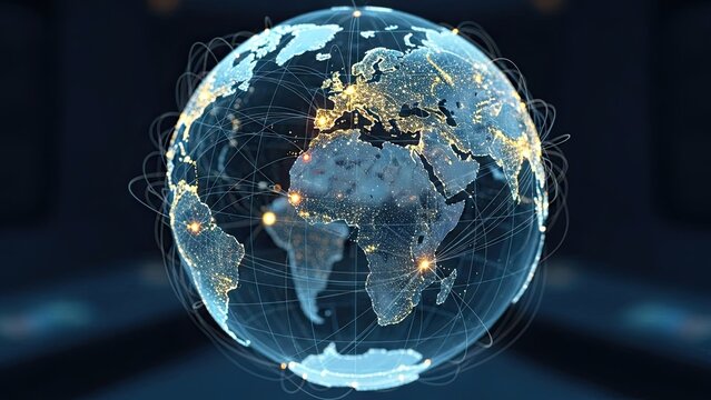 Stunning digital globe visualization shows vibrant global network connections and worldwide data flow across continents at night - Powered by Adobe