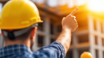 A person in a yellow hard hat points towards the sun at a construction site, expressing focus and determination.
