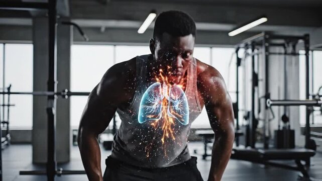 Muscular man with lungs and trachea illustration. Human respiratory system. Fitness and health concept. Athletic male in gym. Exercise and workout. Body anatomy. Healthy lifestyle. Sports and