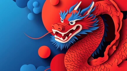 A stylized red dragon with blue accents and expressive features is set against a backdrop of vibrant blue and red circular shapes.