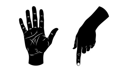 Obraz premium High Contrast Black Vector Set of Human Hand Gestures: Open Palm with Lines and Hand Pointing Downward