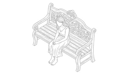 Outline Vector Illustration of a Woman Sitting Barefoot on an Ornate Wooden Park Bench (Isometric View)