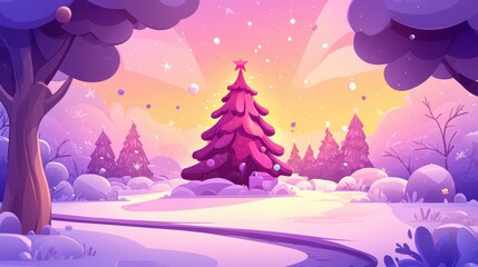 Fototapeta premium A whimsical winter scene showcases a tall pink Christmas tree topped with a star, set against a snow-covered ground and distant evergreen trees under a pastel sky.