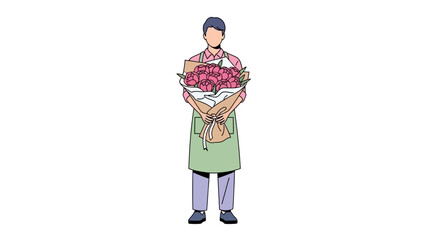 Florist Holding Large Bouquet of Pink Peonies Vector Illustration