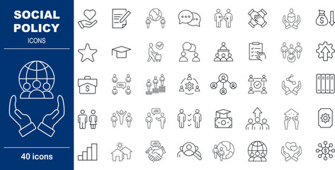 40 Line Style Social Policy Icons Community, Equality, Welfare and Government Initiative Symbols