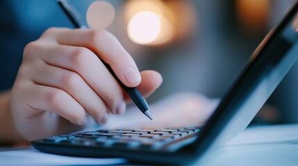 A close-up of a hand holding a pen above a calculator, with a softly blurred background highlighting the focus on calculations.