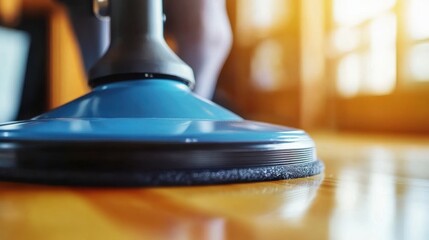 A close-up of a vacuum cleaner head on a hardwood floor, bathed in warm natural light, evoking a clean and tidy home.