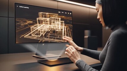 Woman Interacting with Futuristic Holographic Interface for Data Analysis and Design. - Powered by Adobe
