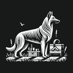 Fototapeta premium Elegant German Shepherd dog at an outdoor picnic in a linocut style illustration.