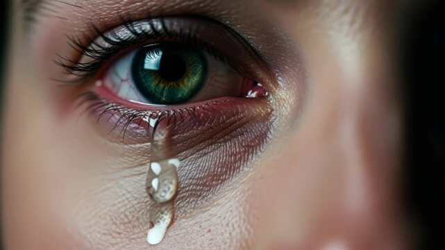 Extreme closeup of a human eye with a single tear rolling down the cheek in sadness, 4k video