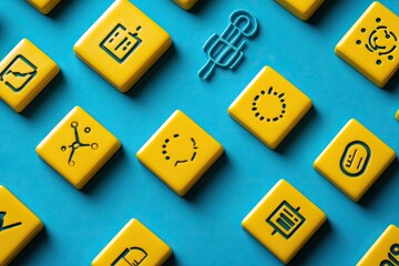 Yellow squares with digital icons on a blue background