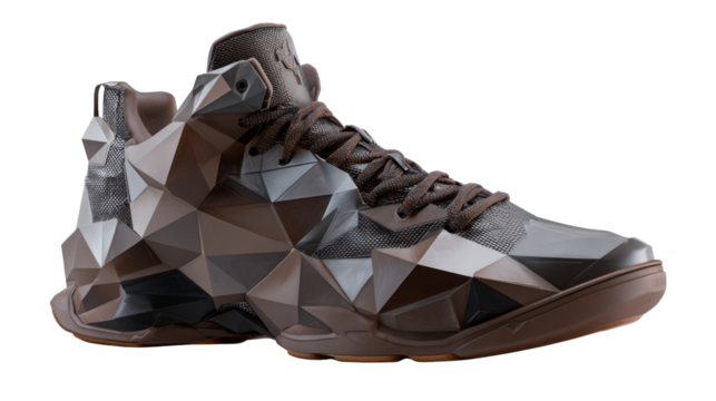 Brown high-top sneaker with a modern geometric faceted surface and polygonal camouflage pattern, creating a futuristic fashion statement - Powered by Adobe