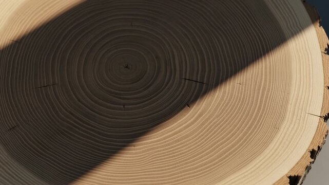 Close up of a freshly cut tree trunk cross section showing detailed annual growth rings with shadow, 4k video