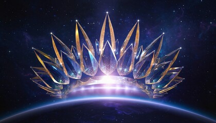A luminous, crystalline lotus-like crown structure floating majestically above a glowing planet's horizon in a vast, starry cosmic expanse.
