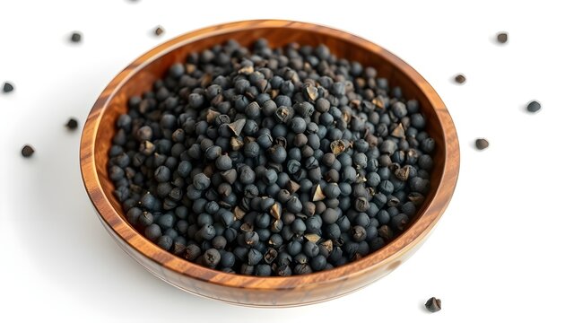 &ldquo;Top-down view of a wooden bowl filled with whole black peppercorns, some scattered on a bright white surface, emphasizing rough texture and rich dark tones, soft ambient lighting, high-resolution cul