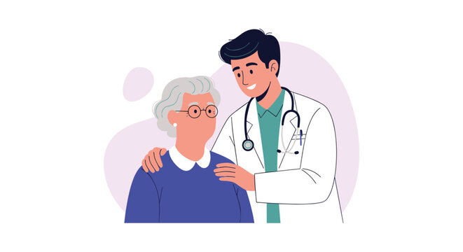 A kind young male doctor provides comfort and support to an elderly female patient by placing a gentle hand on her shoulder. - Powered by Adobe