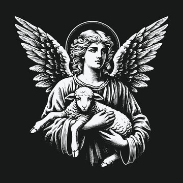 Serene Angel Holding a Lamb Black and White Illustration.