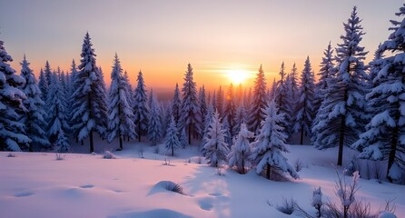 Obraz premium Winter Snow Forest at Sunrise, Frosty Pine Trees in, Morning Light Landscape