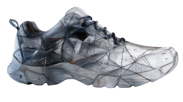 Running shoe wireframe design with abstract polygons simulating data and technology, transparent background