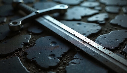 Sword on wet cobblestone ground at dusk