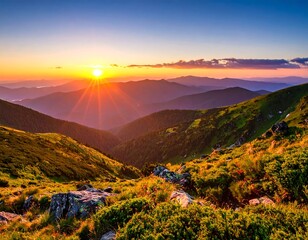Scenic mountain vista captures a breathtaking sunrise, illuminating layers of peaks and valleys