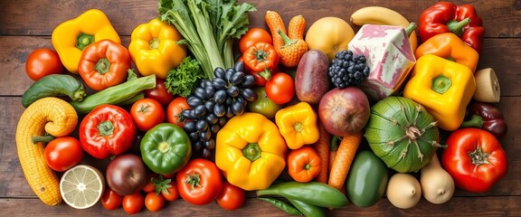 Colorful array of fresh fruits and vegetables on wooden table, vitamins and minerals, diet