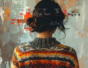 Woman's pensive back reflecting urban digital thoughts and abstract inner landscapes