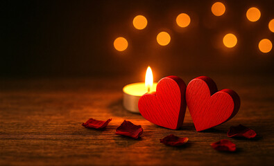 wo Red Wooden Hearts with Petals on Warm Sunset Background, Generative AI