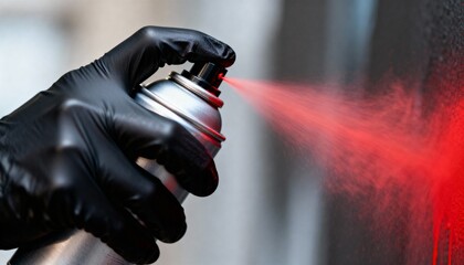 A graffiti artist wear black glove hold spray paint. Close up image of pressing graffiti spray can