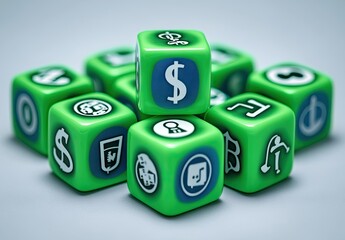 Green cubes, each displaying a symbol, clustered; dollar sign prominent