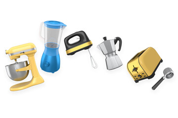 Set of kitchen appliances including mixer, blender, toaster, and coffee maker on white background, concept of modern cooking
