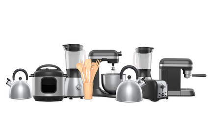Collection of kitchen appliances with wooden utensils, isolated on white background, modern kitchen tools