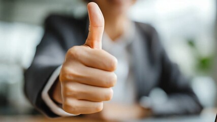A professional individual giving a thumbs-up gesture while seated at a desk with a laptop. This image conveys positivity, confidence, and success in a work environment.