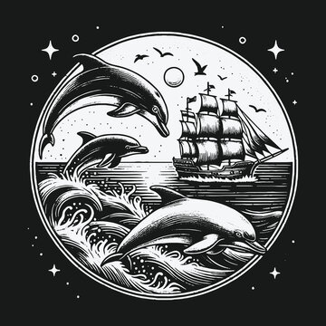 Vintage monochrome illustration of dolphins jumping in the ocean with a sailing ship at night.