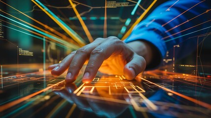 Hand controlling glowing digital interface in futuristic technology environment